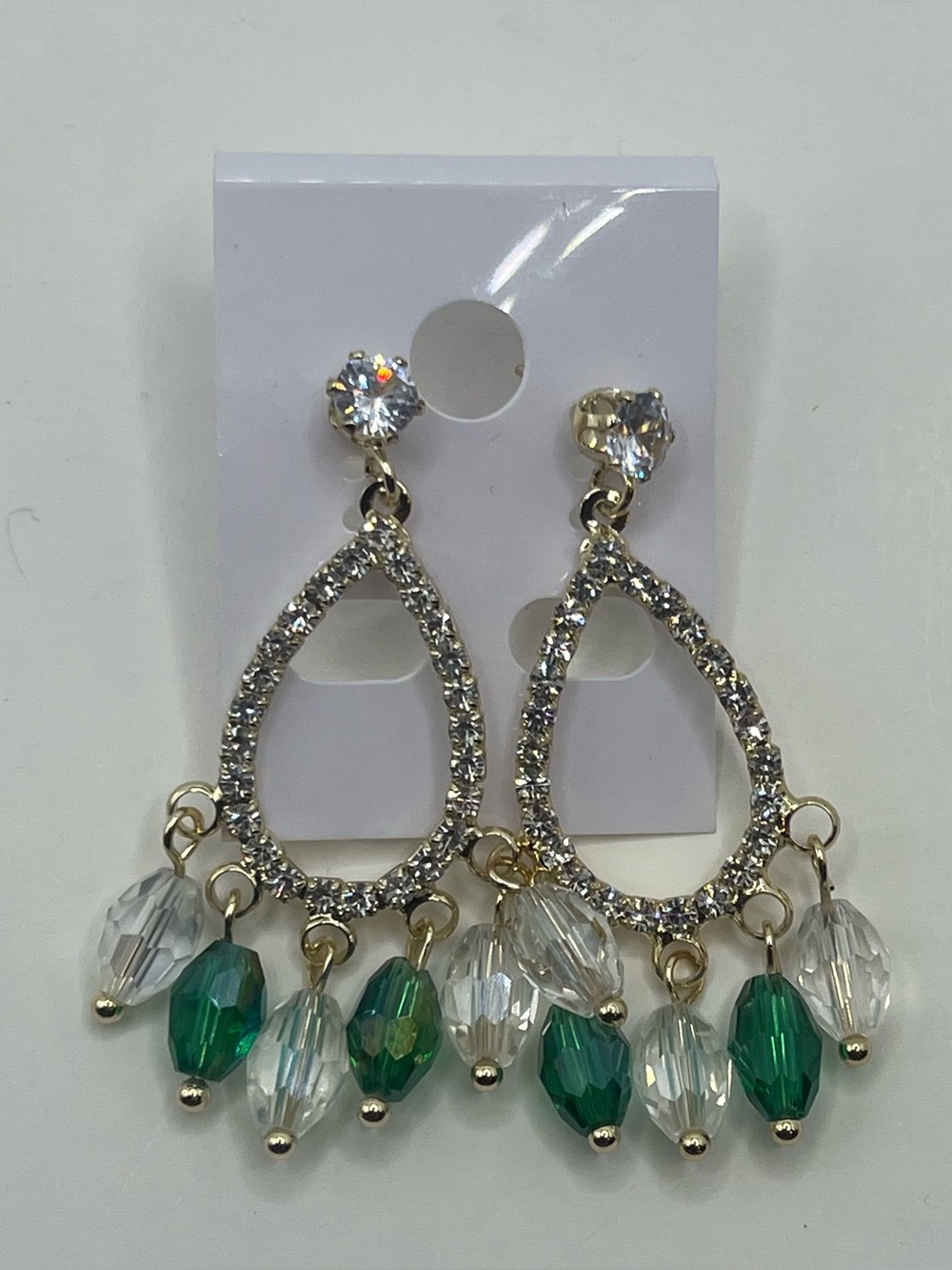 Gold plated Teardrop Dangle Earrings with Green and Clear Beads - Unbranded